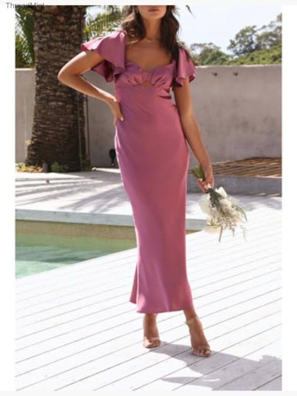 Satin Flutter Sleeve Sweetheart Midi Cocktail Dress Cutout Tie Back - Picture 4 of 7